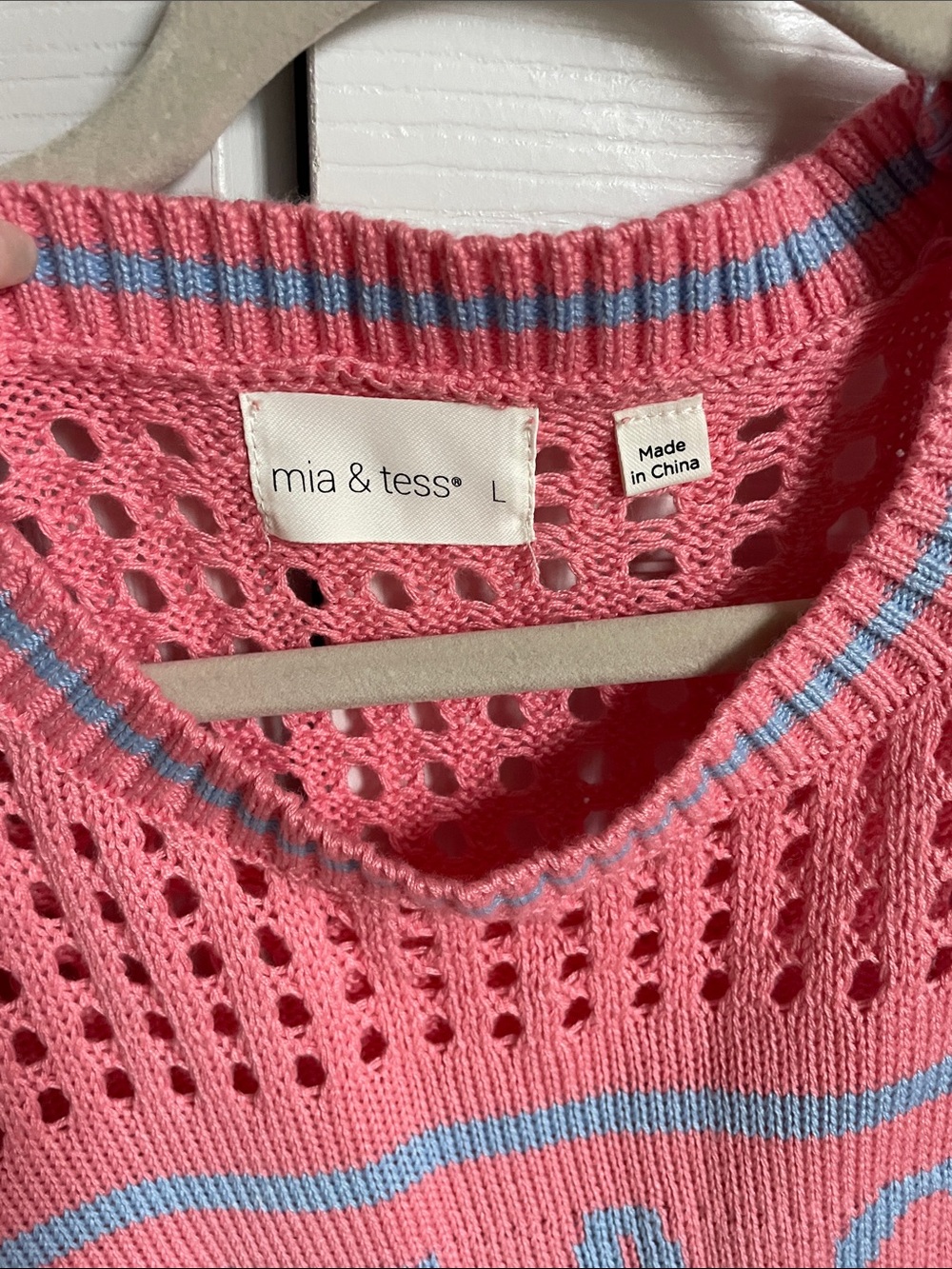 Beach Cropped Pink Knit Sweater with Blue Lettering - Picture 3 of 3